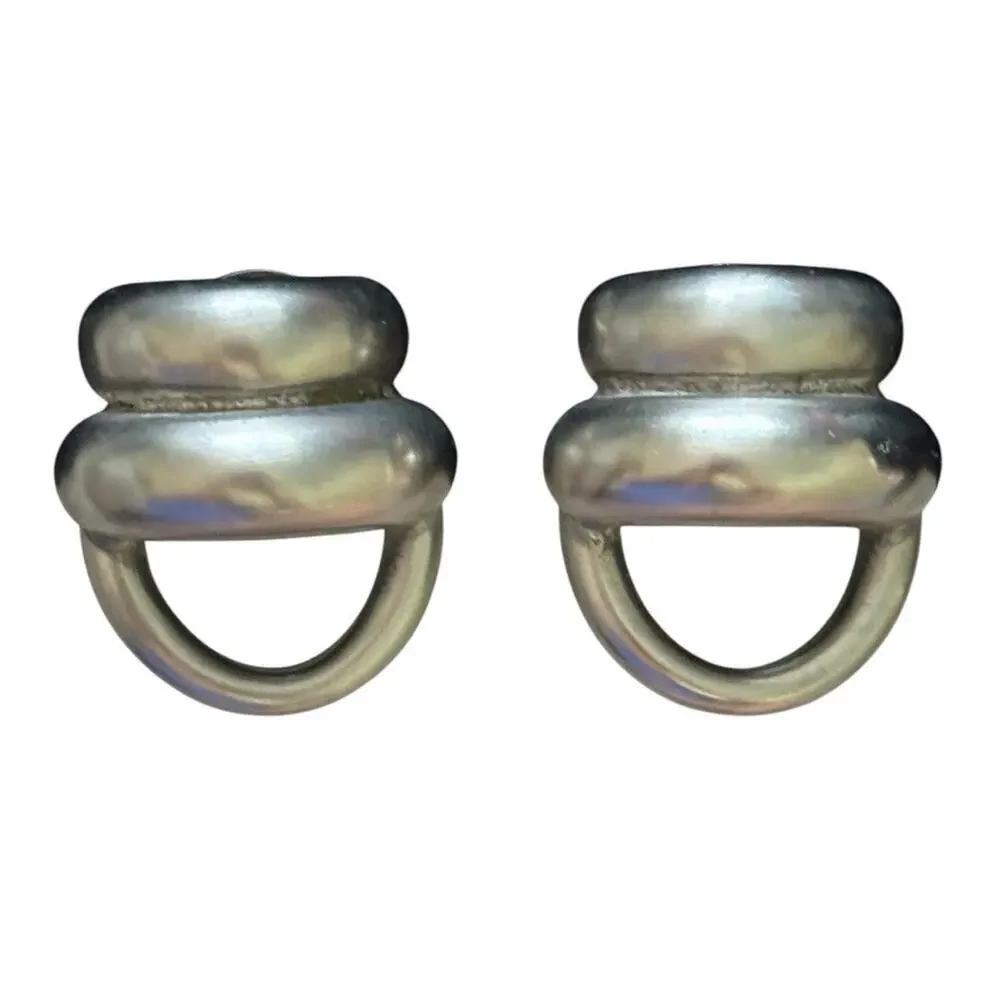 Carol Dauplaise Matte Silver Tone Modernist Screw Back Chunky Earrings Signed